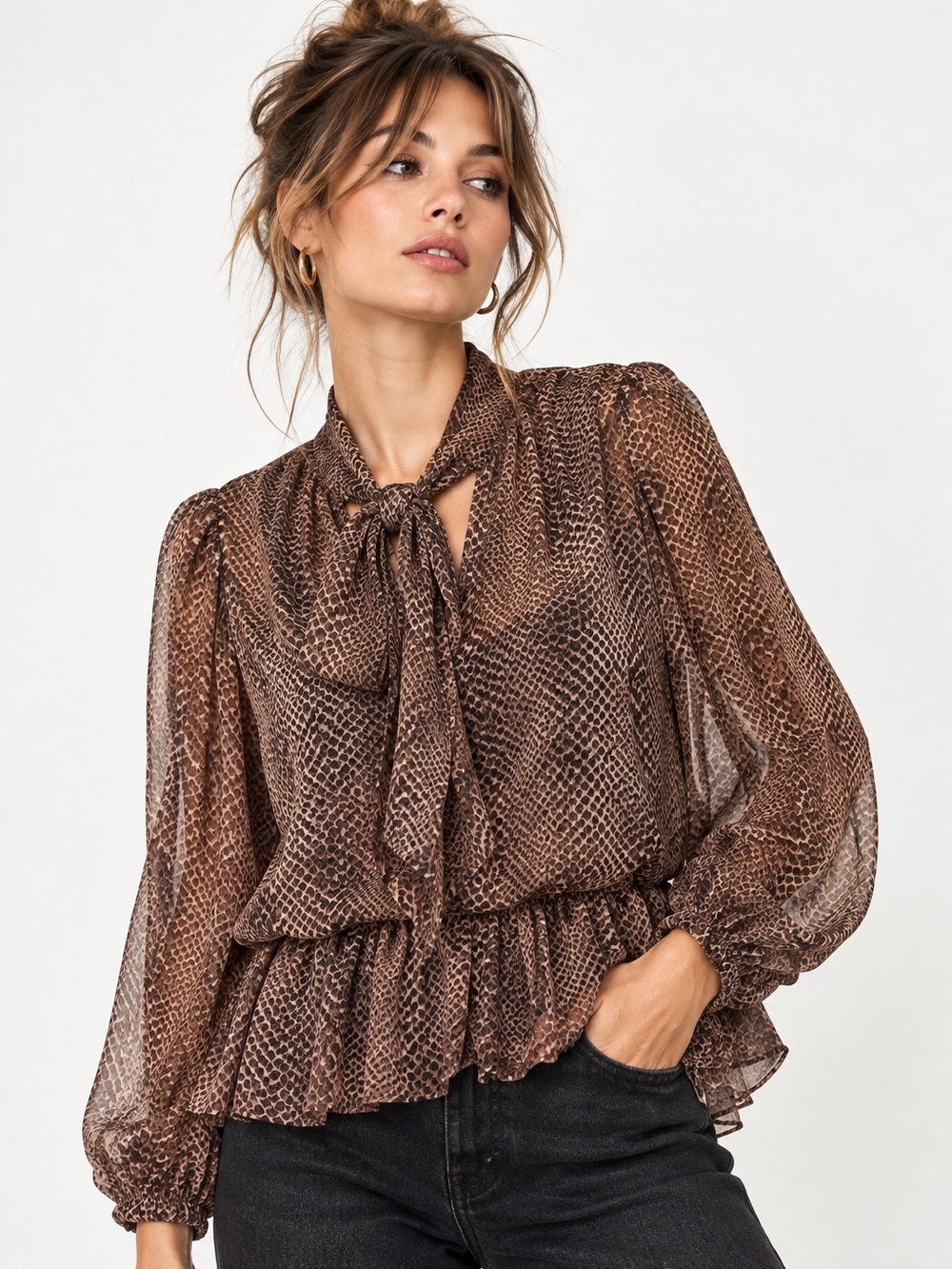 Sheer Snake Print Tie Neck Babydoll Peplum Blouse Ruffle Animal Print M *